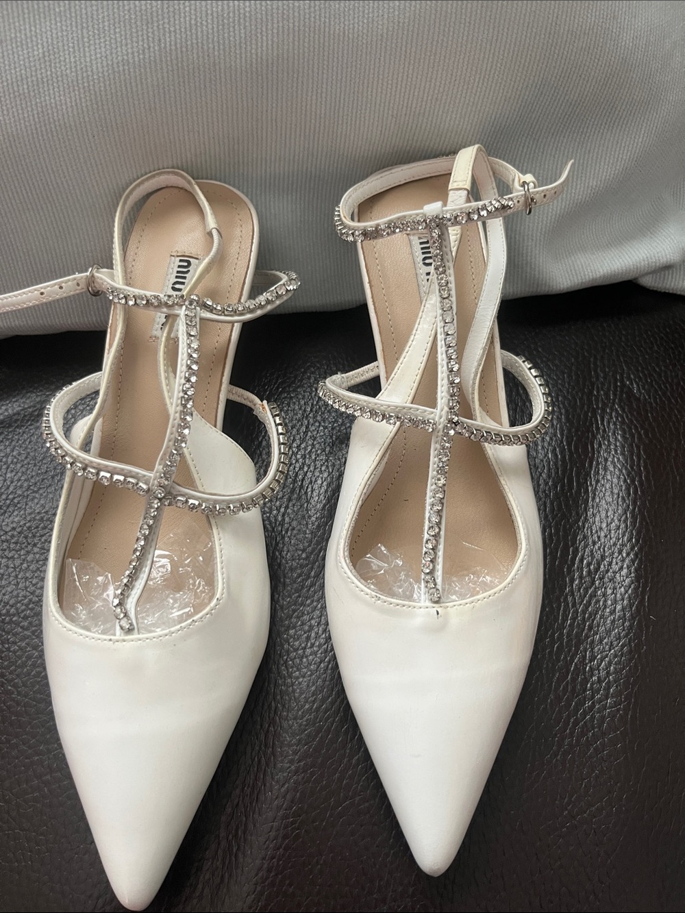 Miu Miu White Crystal-T Strap Pointed Heels